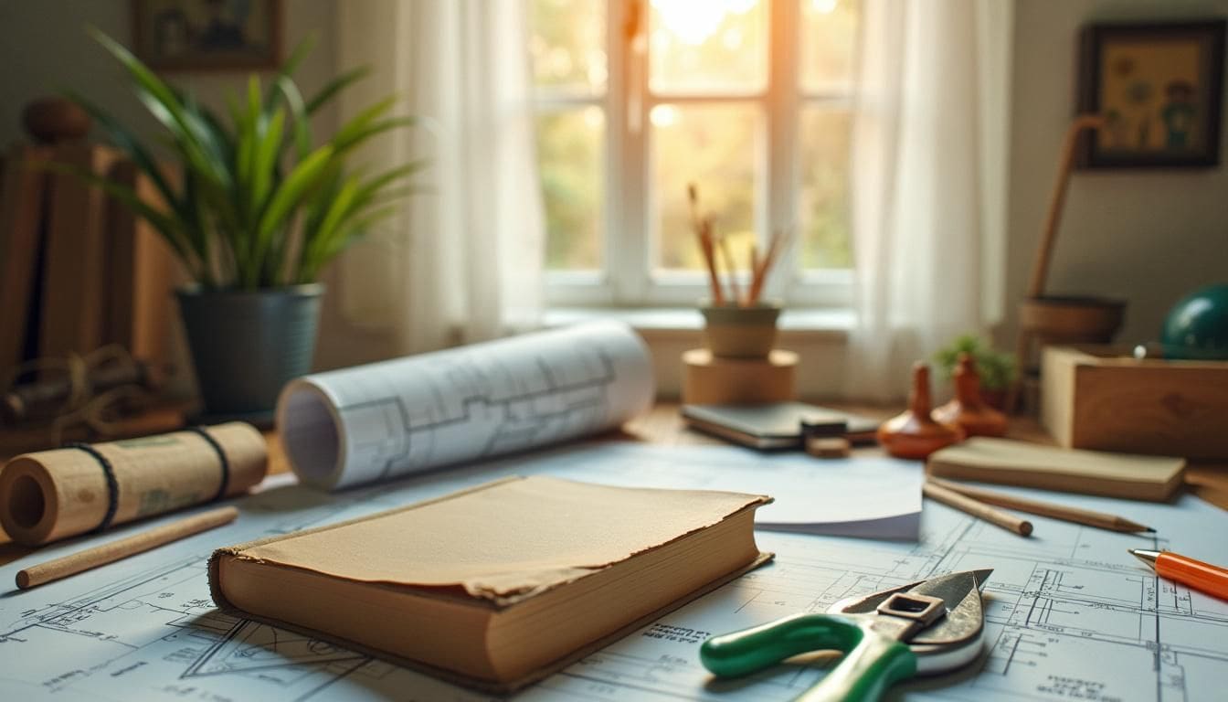 Een worn-out exemplaar van het boek ‘Sustainable Ambition’ ligt op architectonische blauwdrukken en duurzame bouwmaterialen in een gezellig thuiskantoor. Een worn-out exemplaar van het boek 'Sustainable Ambition' ligt op architectonische blauwdrukken en duurzame bouwmaterialen in een gezellig thuiskantoor.