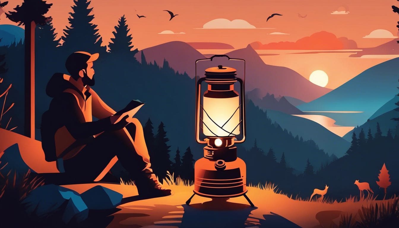 Een persoon zit naast een kampeerlantaarn en een draagbare gasverwarmer in de natuur. Een persoon zit naast een kampeerlantaarn en een draagbare gasverwarmer in de natuur.