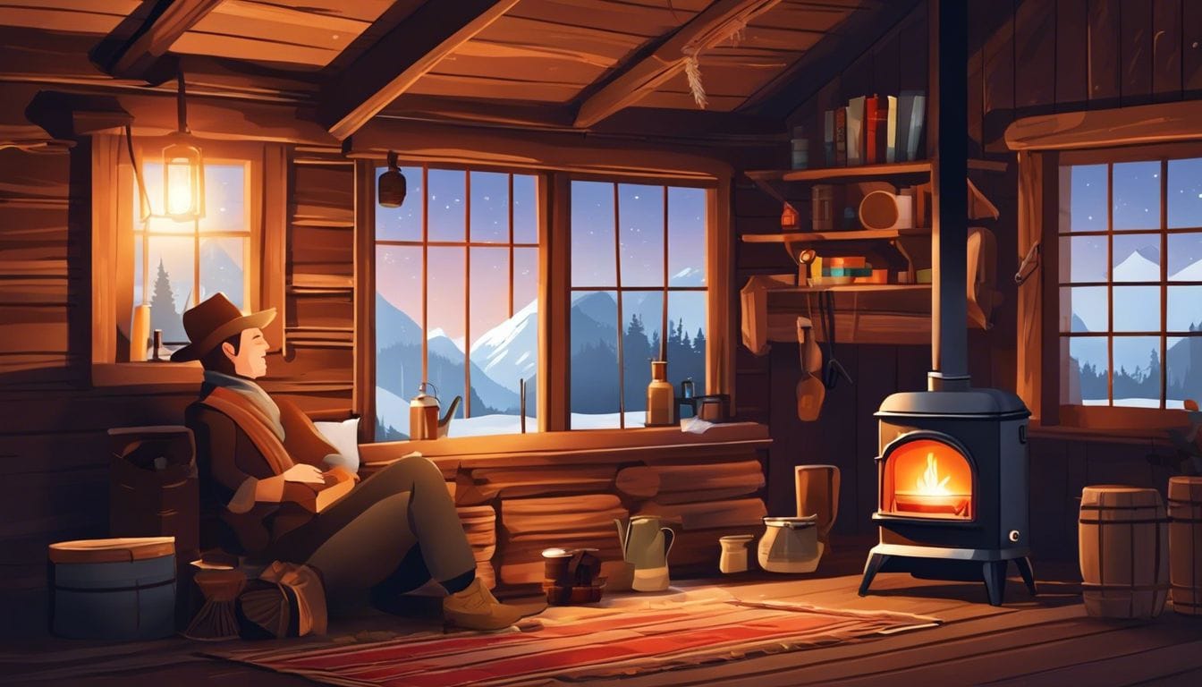 Een persoon zit bij een gezellige kerosinekachel in een rustieke hut, omgeven door kampeerspullen en natuurdecor.