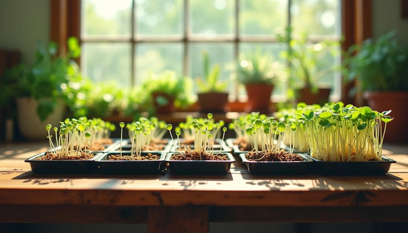 Een verzameling kiemzaden en kweekbakjes op een houten tafel. Een verzameling kiemzaden en kweekbakjes op een houten tafel.