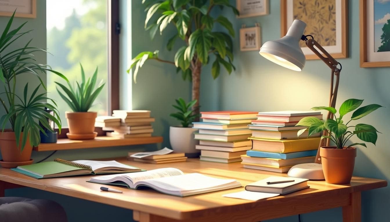 Een rommelig bureau in een huiselijk kantoor met duurzame bouwmaterialen.