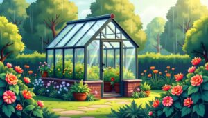 Een rustige achtertuin met bloemen en een stevige kas.