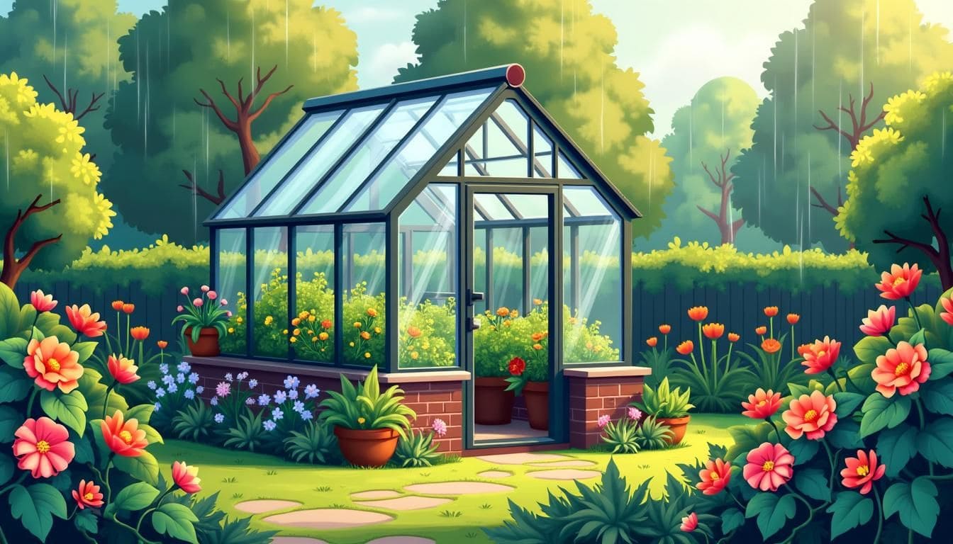 Een rustige achtertuin met bloemen en een stevige kas.