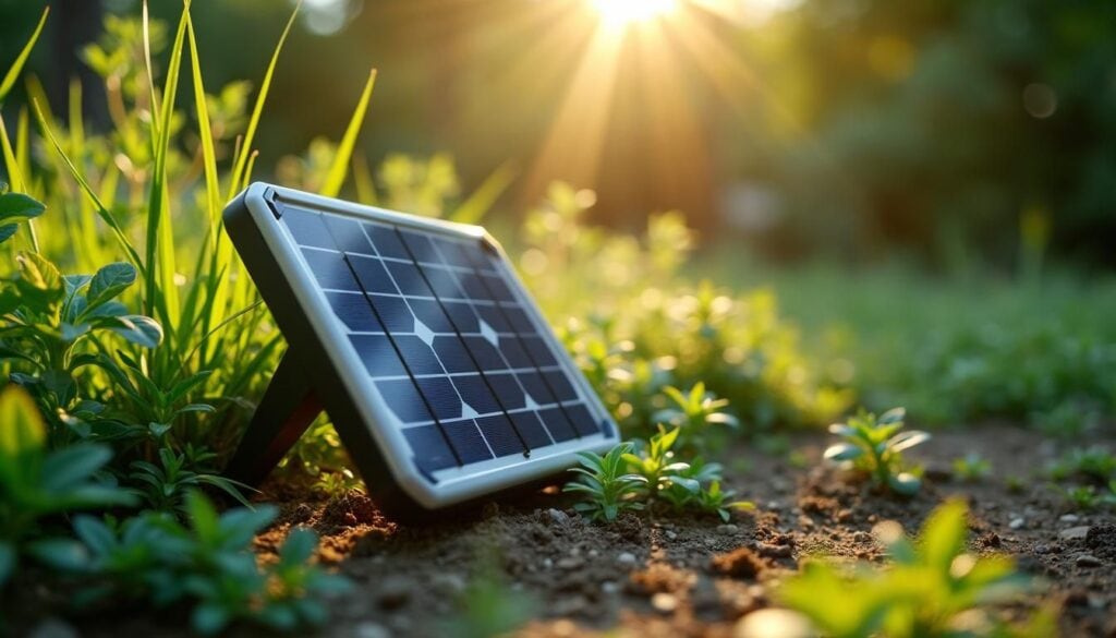 Een kleine zonnegenerator in een natuurlijke omgeving met groene planten.