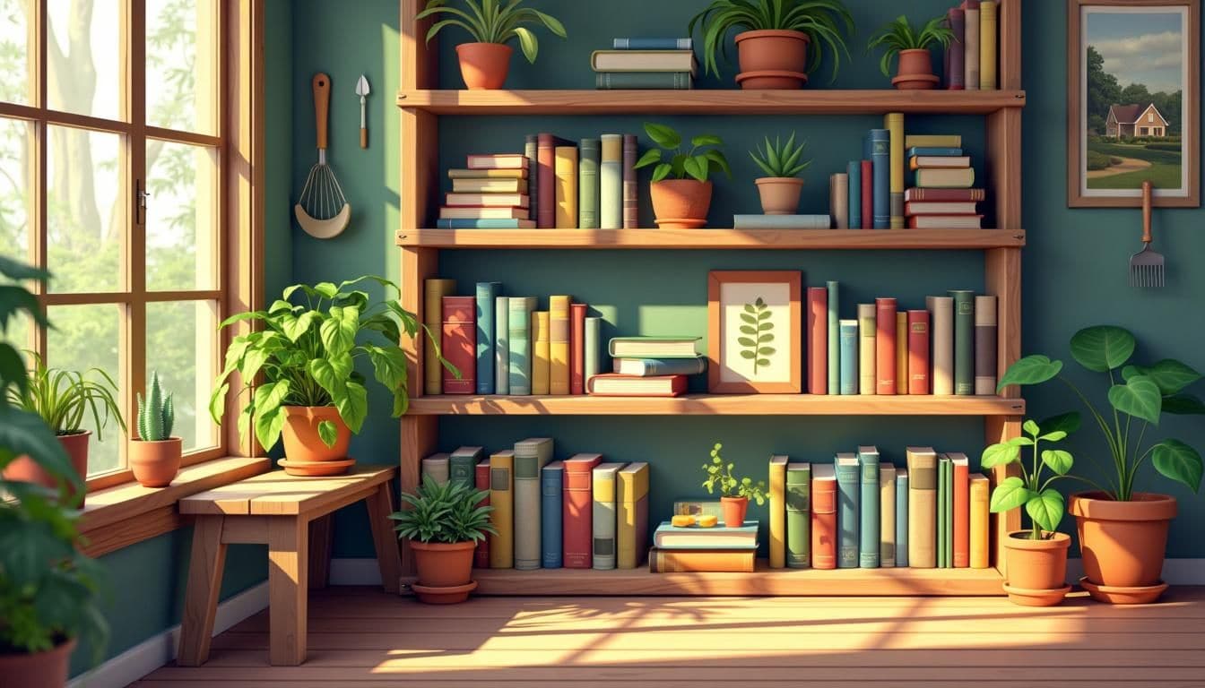 Een rustieke boekenplank gevuld met zelfvoorziening boeken, omringd door planten en gereedschap.