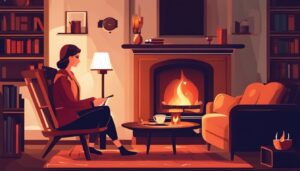 Een persoon zit bij een gezellige binnenhaard met een kop warme drank.