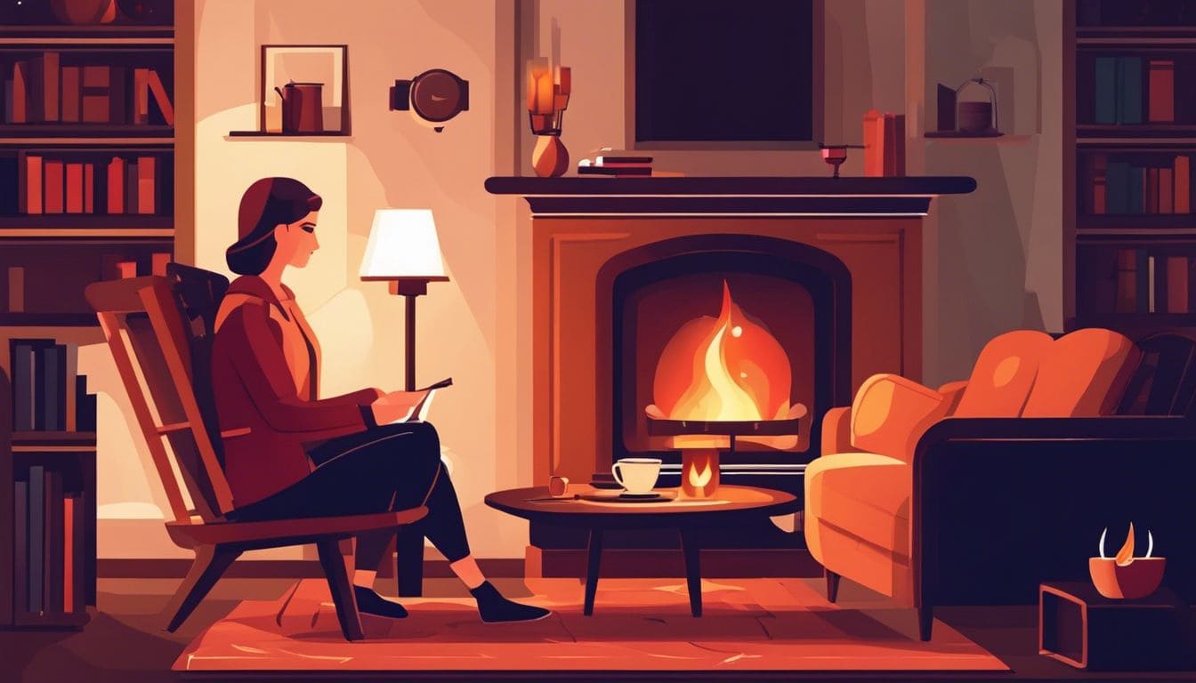 Een persoon zit bij een gezellige binnenhaard met een kop warme drank.