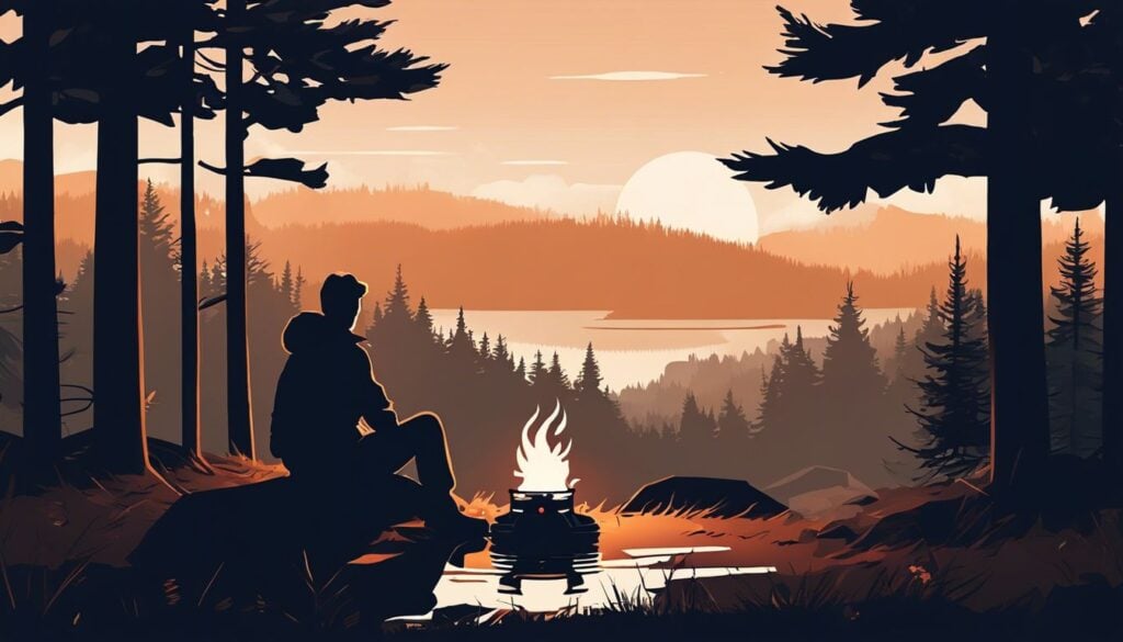 Een persoon zit bij een brandende kooktoestel in het bos.
