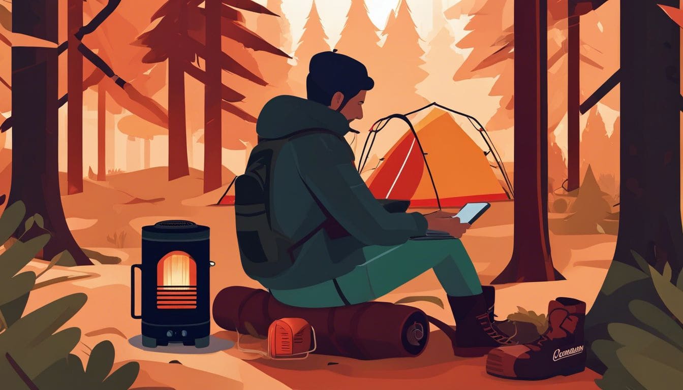 Een persoon zit naast een Coleman gasverwarmer omringd door kampeerspullen in het bos.