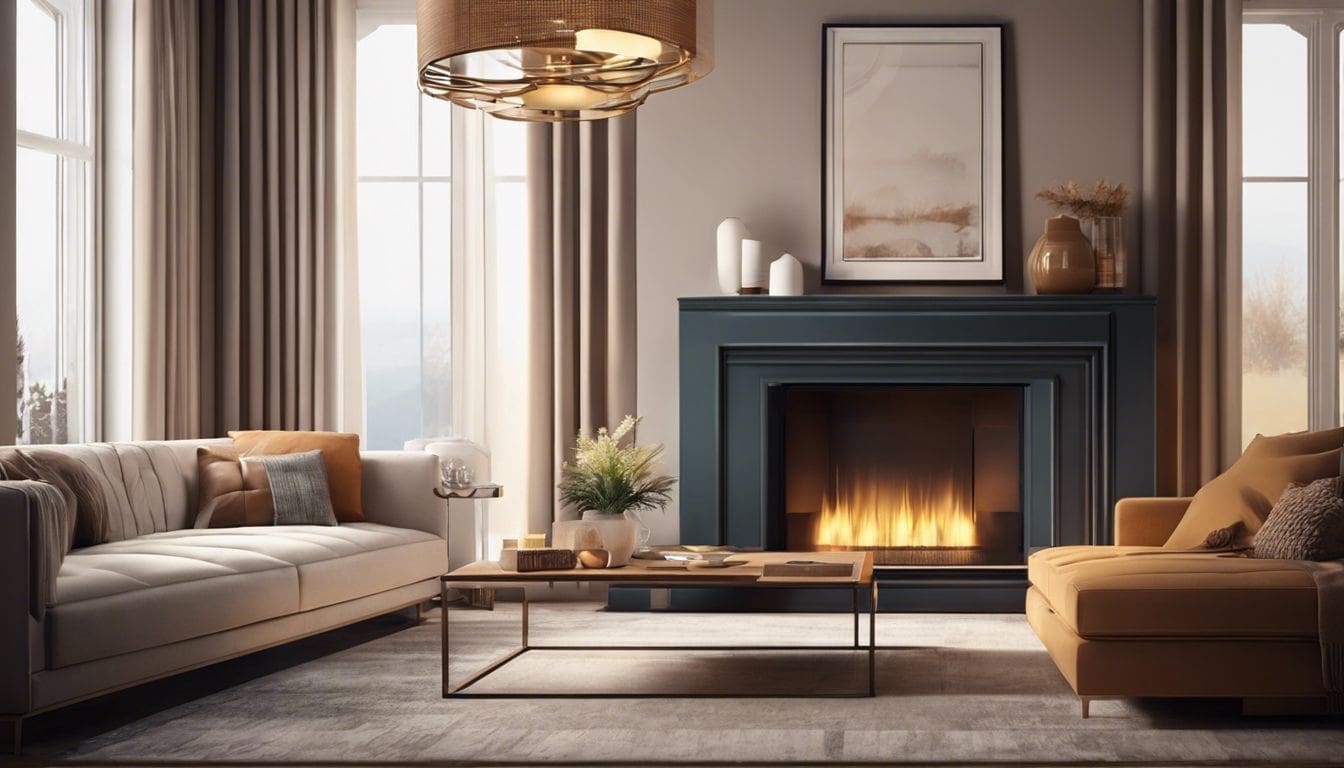 Een comfortabele woonkamer met een eigentijdse open haard en moderne meubels.