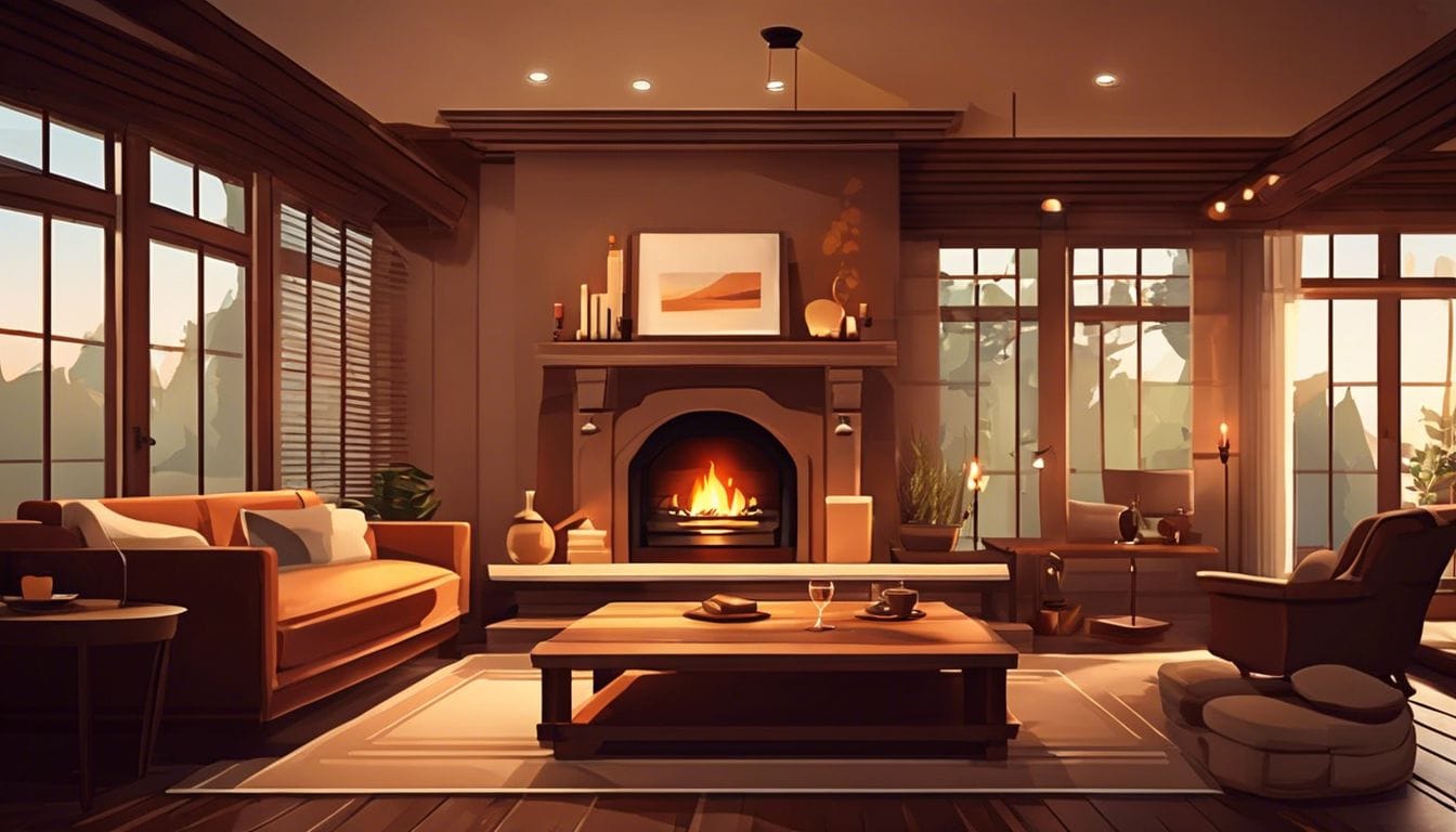 Een comfortabele woonkamer met een traditionele open haard en gezellig meubilair.