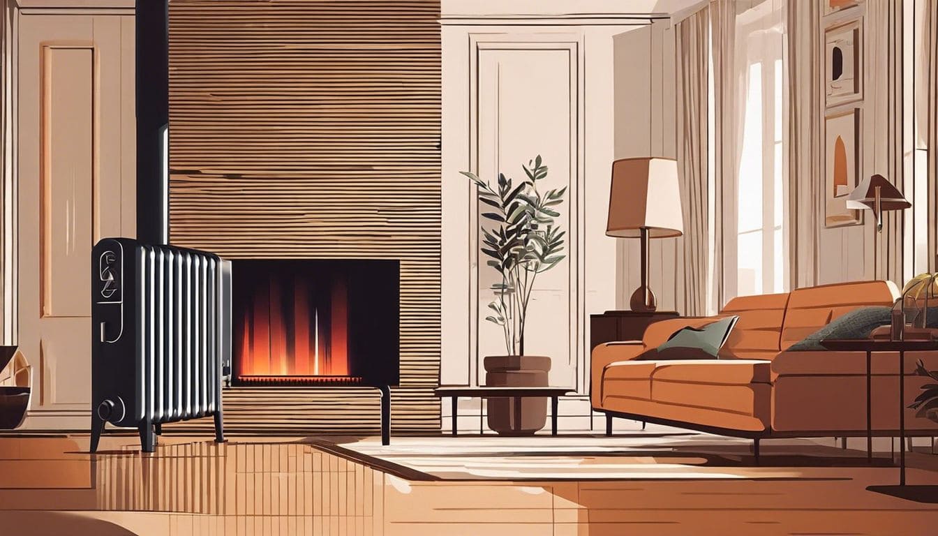 Een persoon inspecteert een olieverwarming in een goed ingerichte woonkamer.