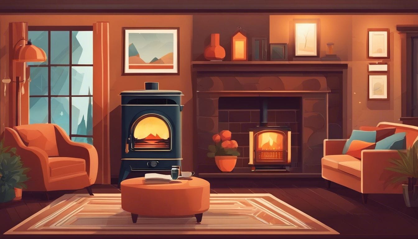 Een comfortabele woonkamer met een mooi gedecoreerde oliekachel als middelpunt.