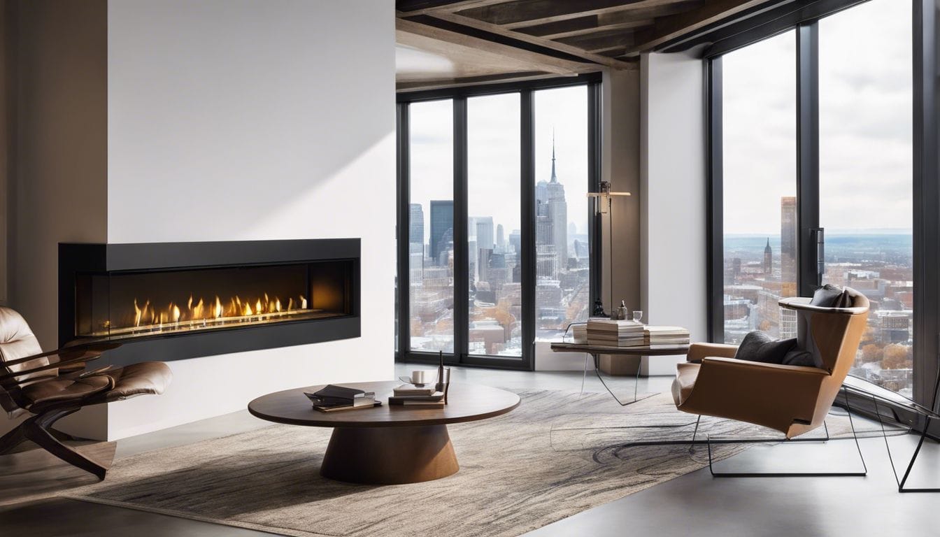 Een moderne open haard showroom met stadsgezichten en gezellige sfeer.