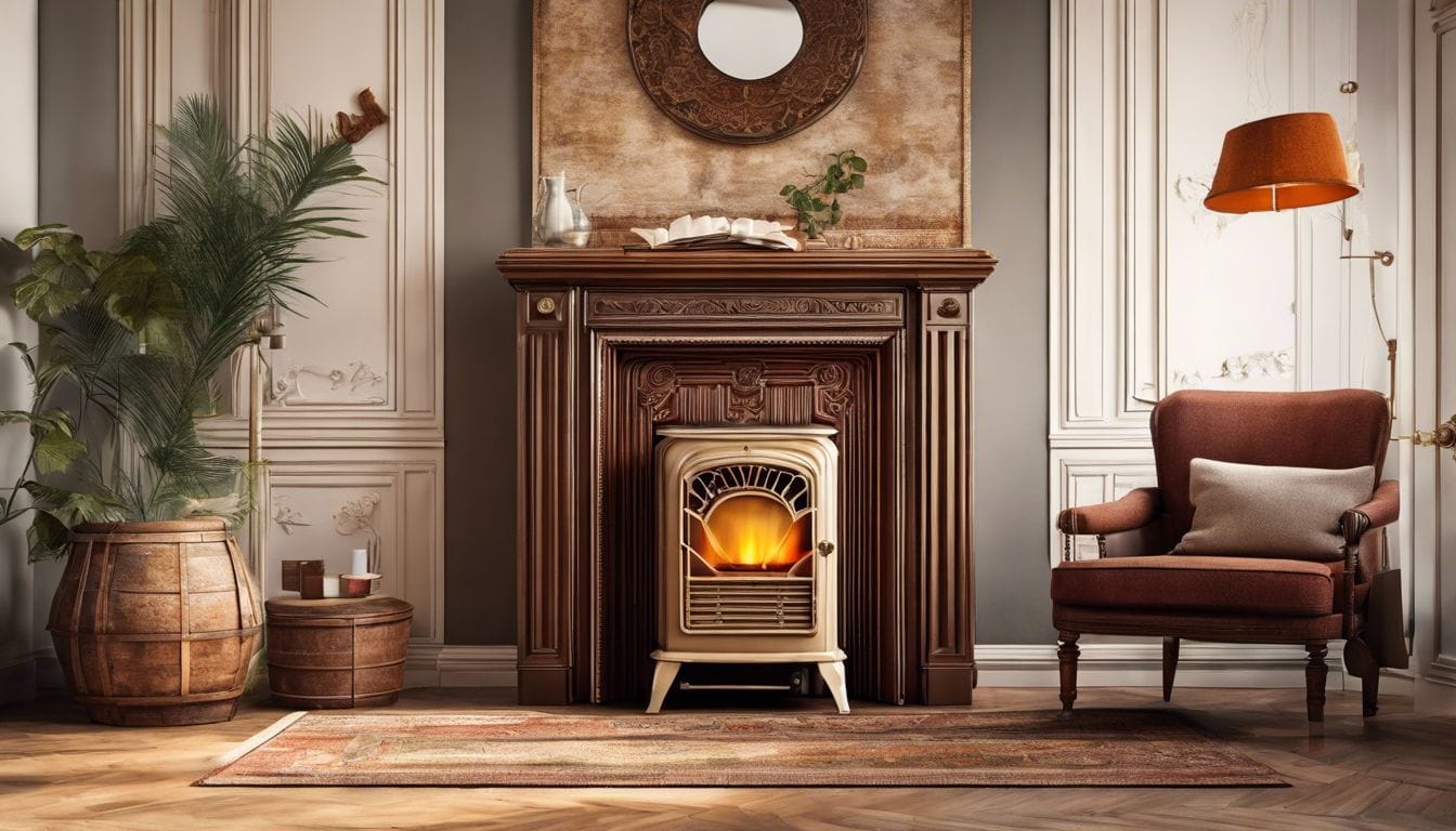 Een vintage oliekachel in een gezellige woonkamer met antieke decoraties.