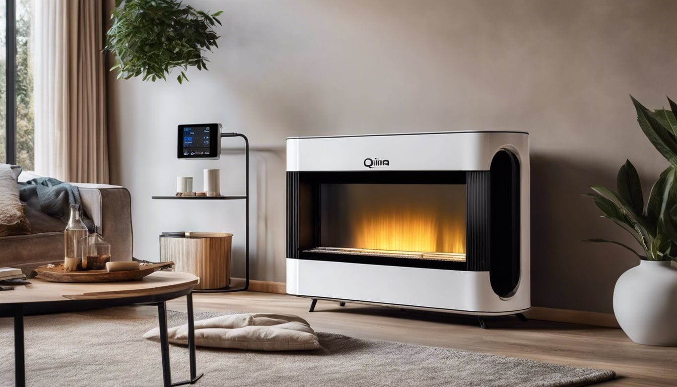 Een Qlima petroleumkachel in een gezellige woonkamer met natuurlijke decoraties en koolmonoxidemelder.