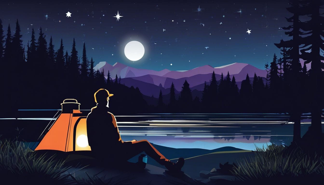 Een wandelaar zit naast een Coleman petroleum lantaarn in een rustige kampeeromgeving.