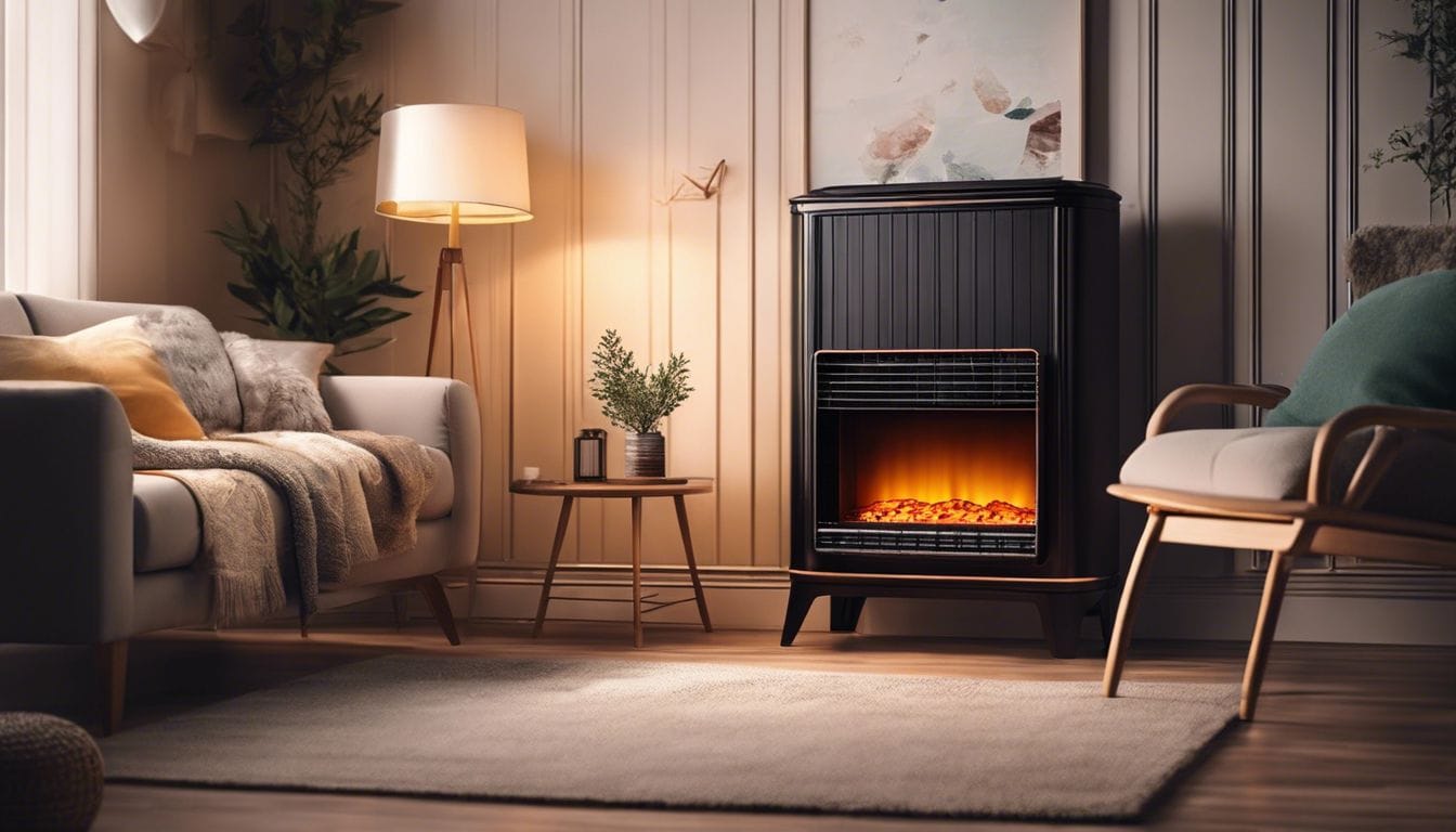 Een elektrische olie heater straalt warmte uit in een gezellige woonkamer.