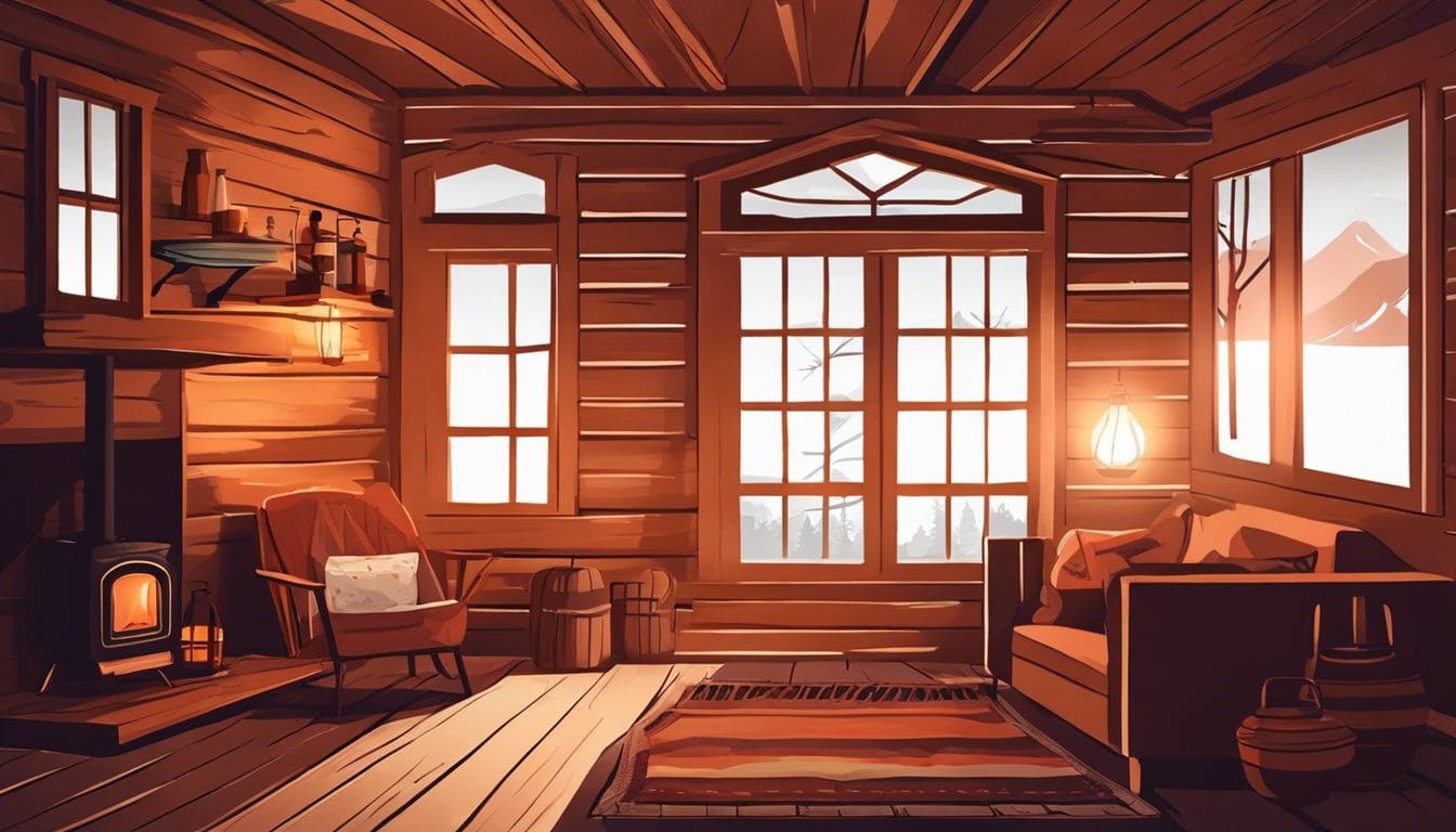 Een persoon zit comfortabel in een goed verlichte hut, omringd door gezellige decoratie. Een persoon zit comfortabel in een goed verlichte hut, omringd door gezellige decoratie.