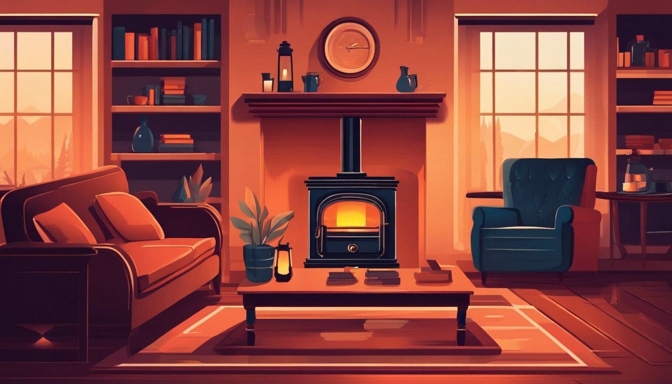 Een comfortabele woonkamer met een verlichte kerosinekachel en gezellige meubels. Een comfortabele woonkamer met een verlichte kerosinekachel en gezellige meubels.