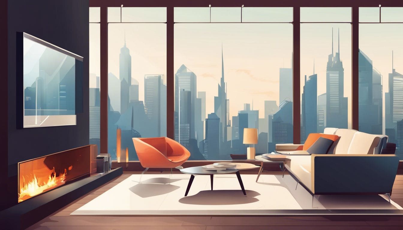 Een vrouw bekijkt moderne openhaarden in een chique online meubelwinkel. Een vrouw bekijkt moderne openhaarden in een chique online meubelwinkel.