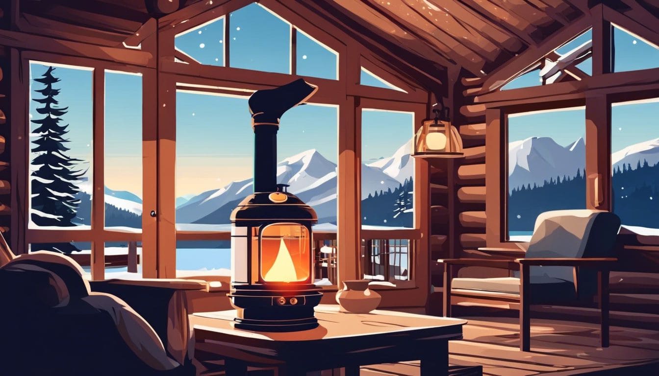Een persoon geniet van de warmte van een draagbare petroleumkachel in een gezellige berghut. Een persoon geniet van de warmte van een draagbare petroleumkachel in een gezellige berghut.