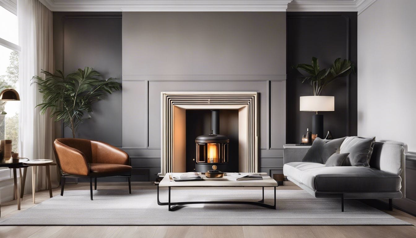 Een Zibro kerosinekachel in een stijlvolle woonkamer met modern meubilair.