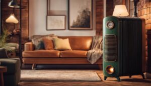 Een vintage Ditmar olieverwarmer in een gezellige woonkamer met retro decor.