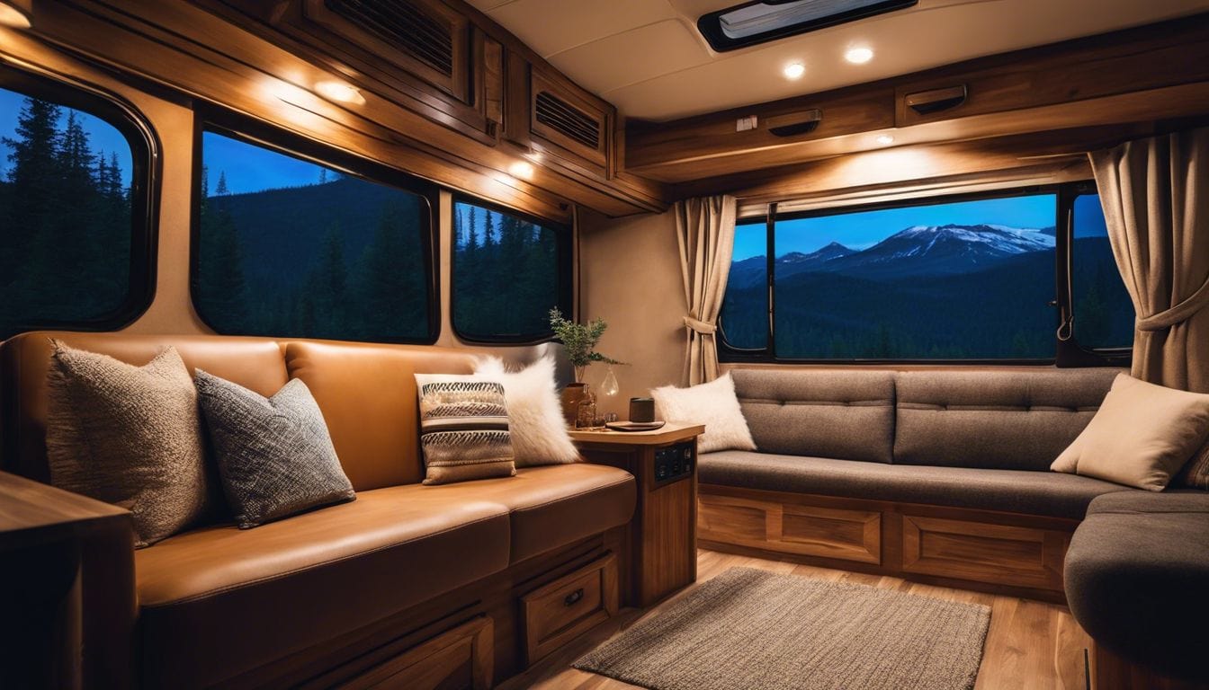 Een gezellige RV-interieur met een elektrische kachel en natuurfotografie.