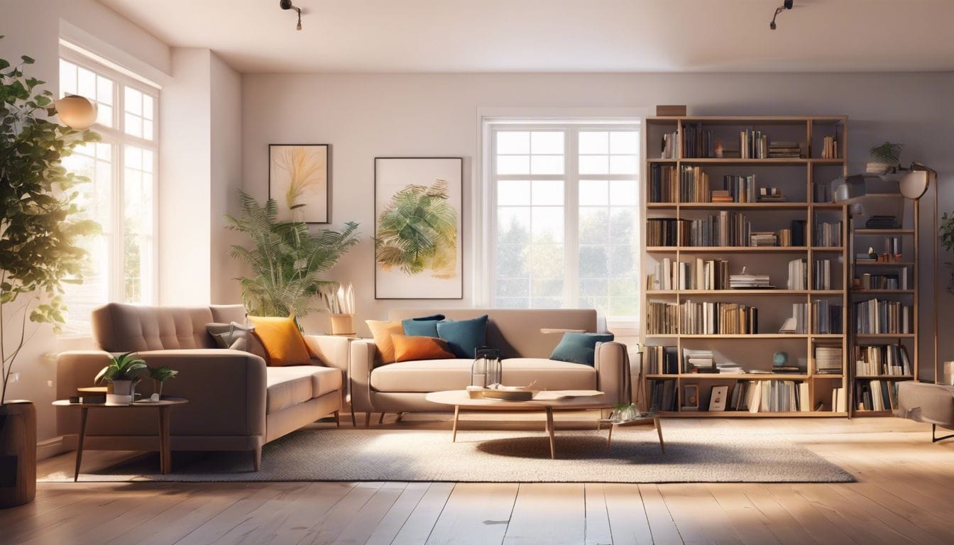 Een gezellige woonkamer met slimme thermostaat en energiezuinige verwarming. Een gezellige woonkamer met slimme thermostaat en energiezuinige verwarming.