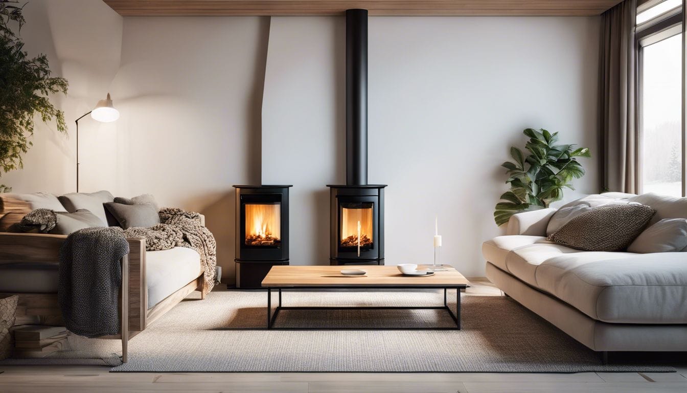 Een moderne pelletkachel in een gezellige woonkamer met milieuvriendelijke decoratie. Een moderne pelletkachel in een gezellige woonkamer met milieuvriendelijke decoratie.