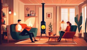 Een gelukkig stel zit bij een warme kerosinekachel in hun gezellige woonkamer.