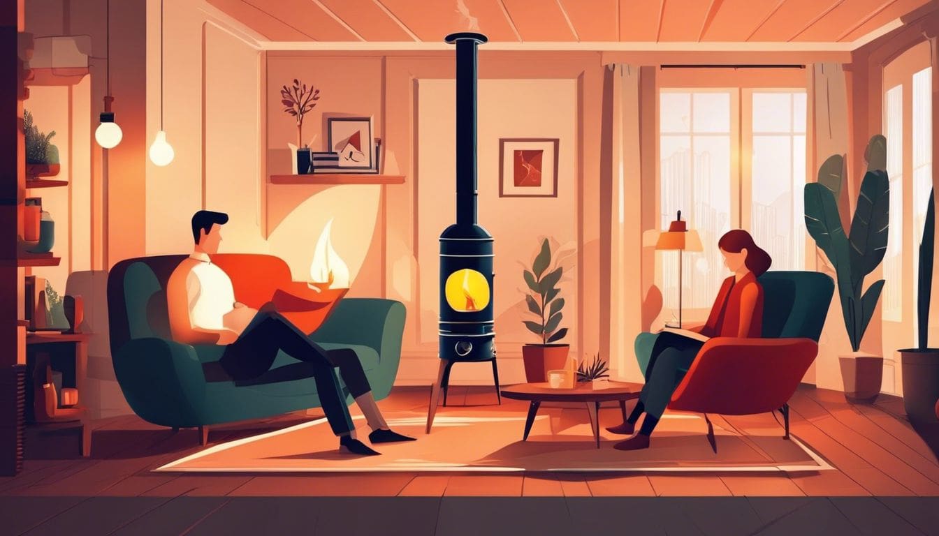 Een gelukkig stel zit bij een warme kerosinekachel in hun gezellige woonkamer.