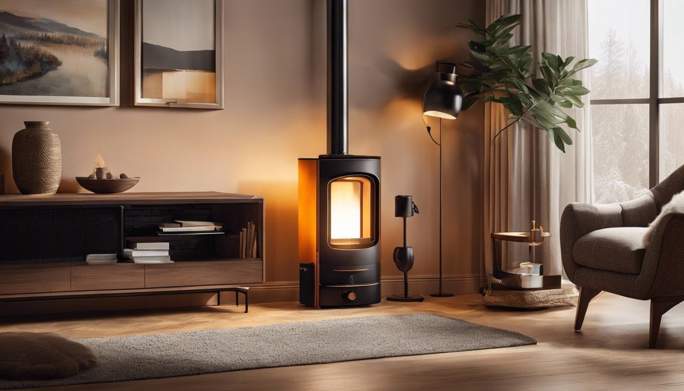 Een persoon past de pit van een Zibro-petroleumkachel aan in een knusse woonkamer.