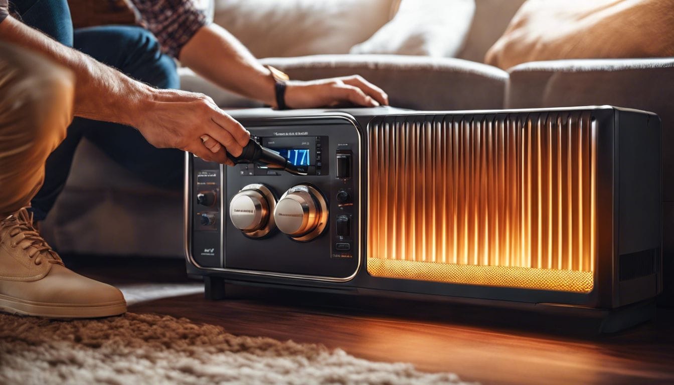 Een persoon past de instellingen aan van de Inverter 7748-brandstofverwarmer in een gezellige woonkamerachtergrond.