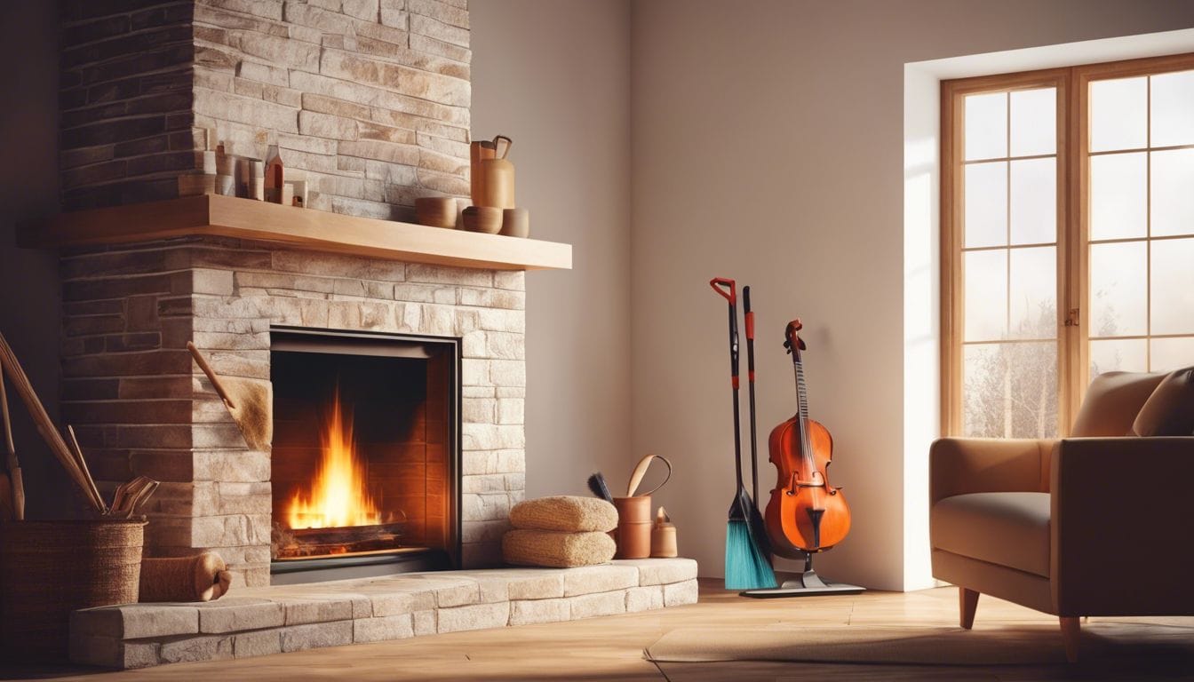 Een persoon gebruikt schoonmaakgereedschap om de open haard te onderhouden. Een persoon gebruikt schoonmaakgereedschap om de open haard te onderhouden.