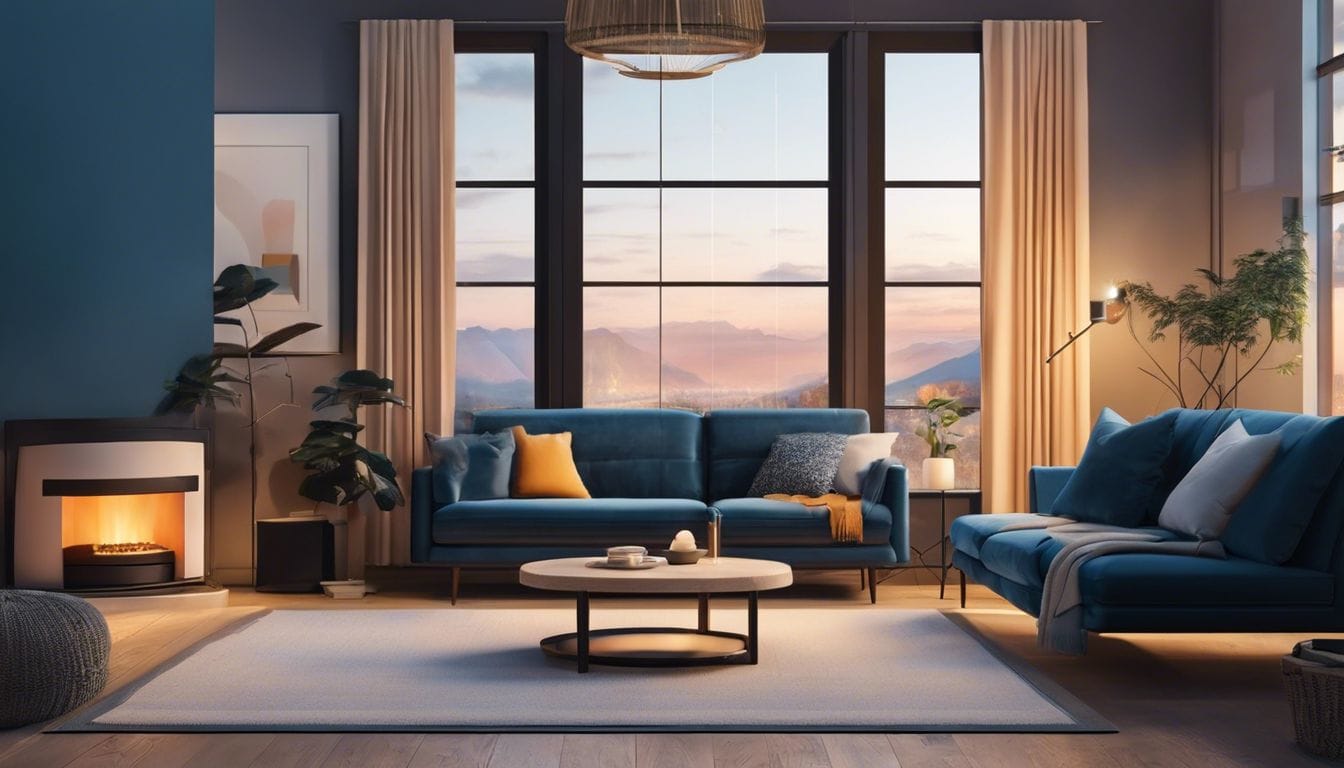 Een comfortabele woonkamer met een moderne elektrische Coolblue verwarming.