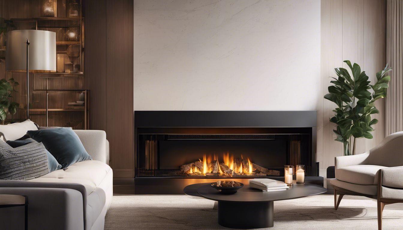 Moderne open haard in gezellige woonkamer met minimalistisch interieurontwerp. Moderne open haard in gezellige woonkamer met minimalistisch interieurontwerp.