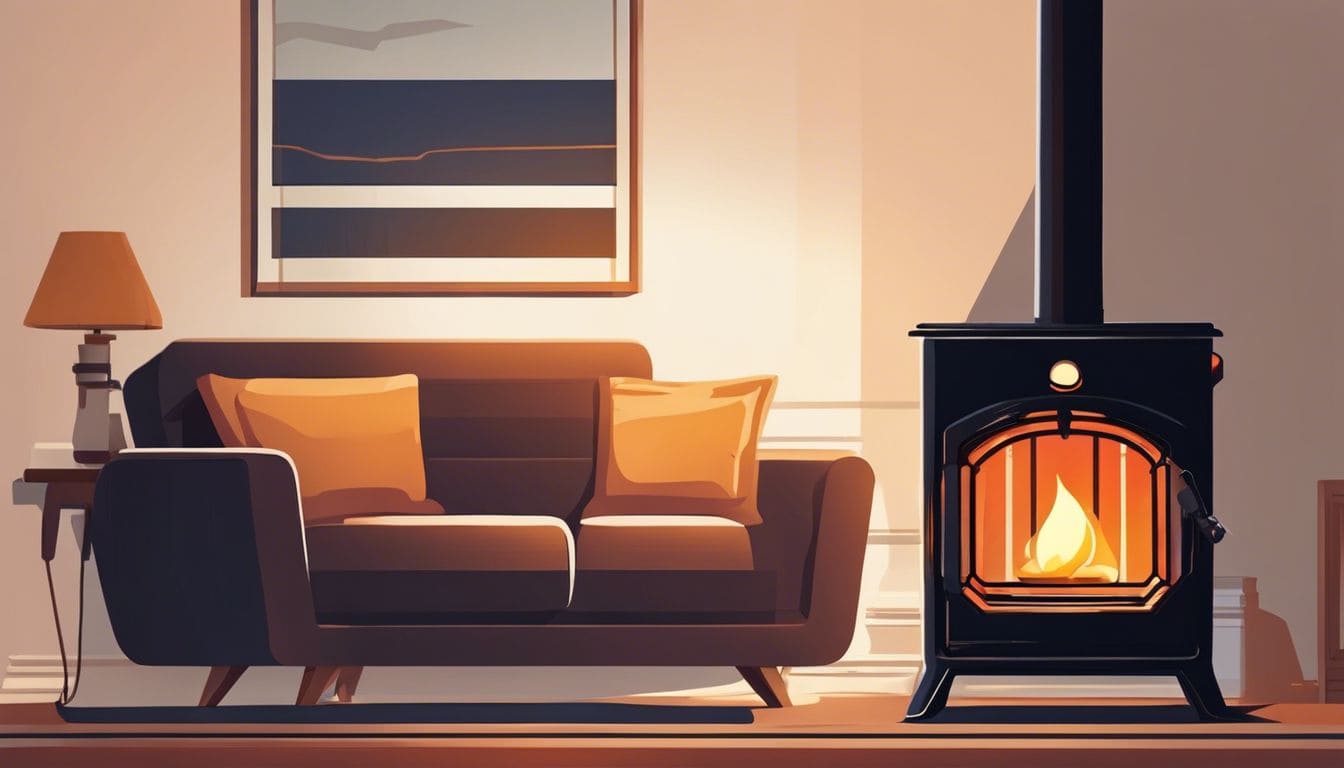 Een schone, goed onderhouden kerosinekachel in een gezellige woonkamer.