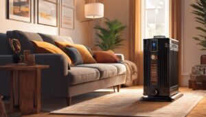 Persoon stelt de Inverter 7748 kerosinekachel in een gezellige woonkamer af.