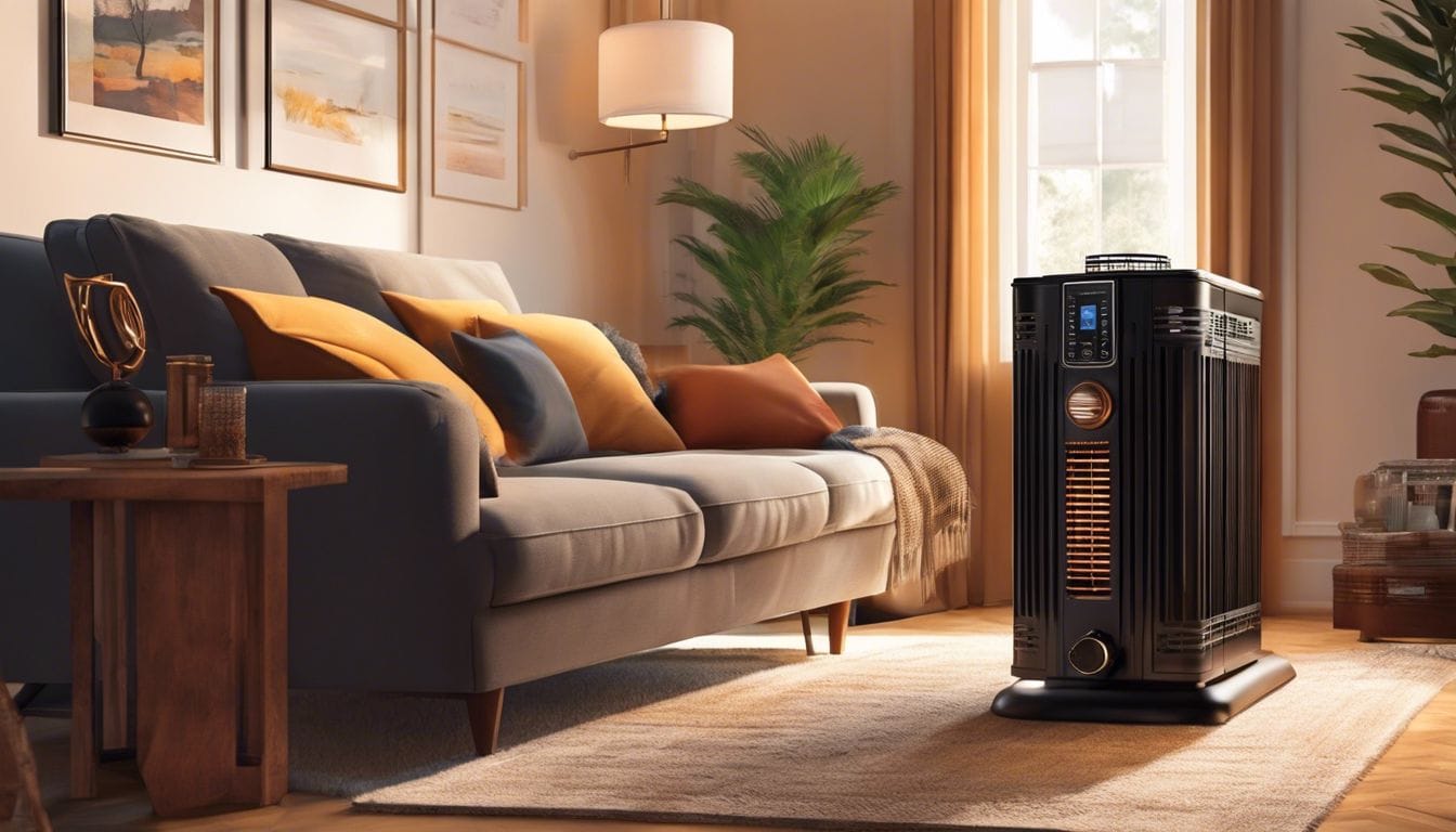 Persoon stelt de Inverter 7748 kerosinekachel in een gezellige woonkamer af.