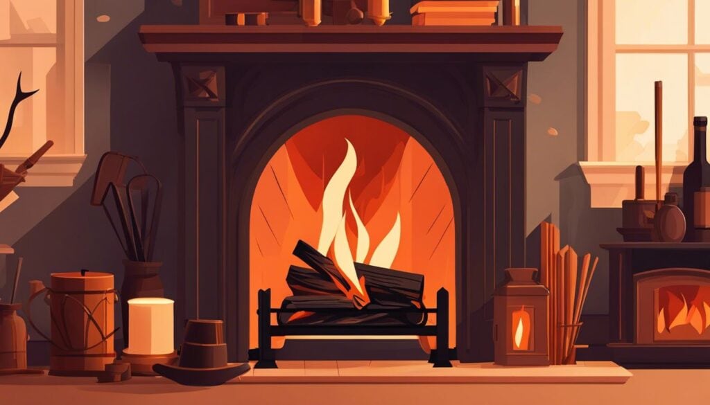 Een verzameling essentiële openhaardgereedschappen en accessoires bij een gezellige openhaard.