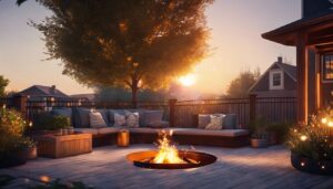 Een comfortabele achtertuin met vuurplaats en gezellig zitgedeelte.