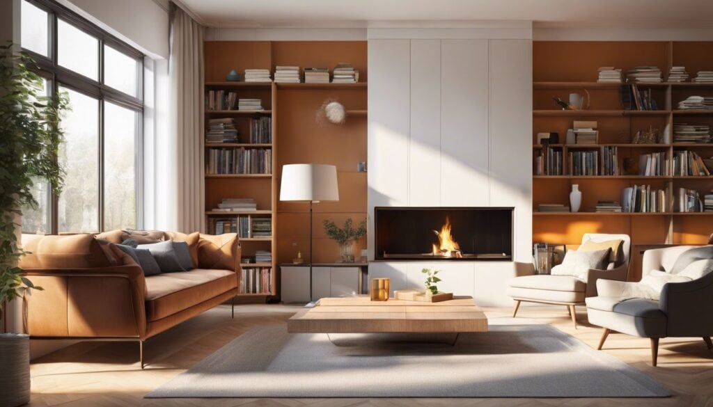 Een comfortabele woonkamer met moderne kachel, gezellig meubilair en boekenkast.