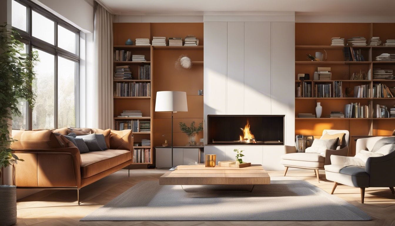 Een comfortabele woonkamer met moderne kachel, gezellig meubilair en boekenkast.