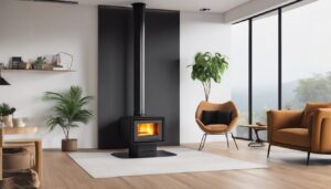 Een persoon onderzoekt moderne pelletkachels online in een minimalistische interieursetting.