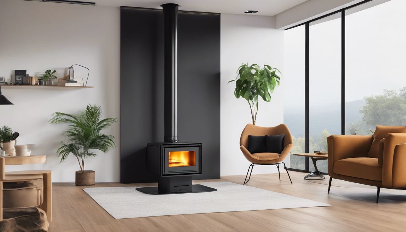 Een persoon onderzoekt moderne pelletkachels online in een minimalistische interieursetting.