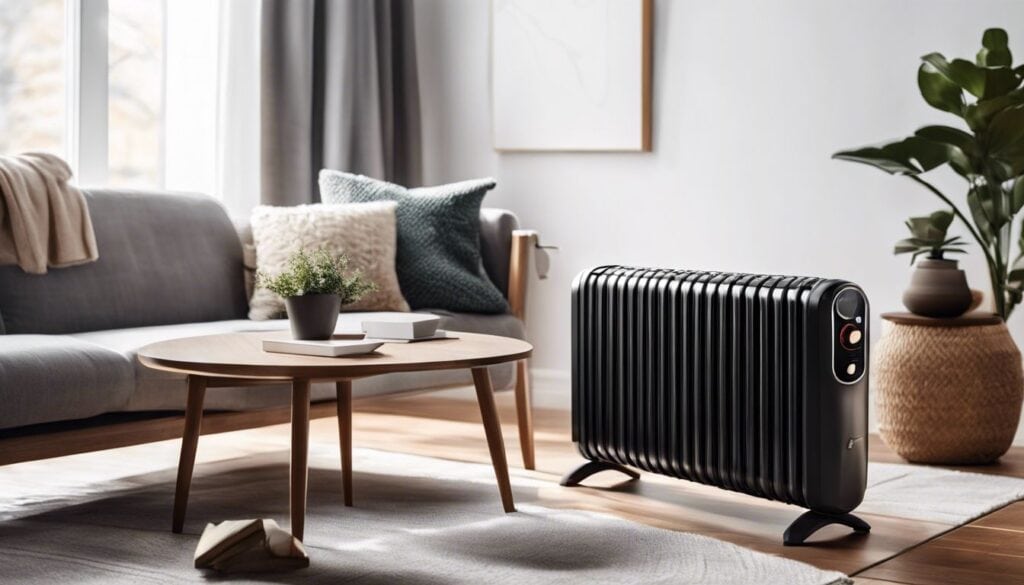 Een elektrische kachel staat in een gezellige woonkamer, omringd door comfortabel meubilair en zachte dekens.