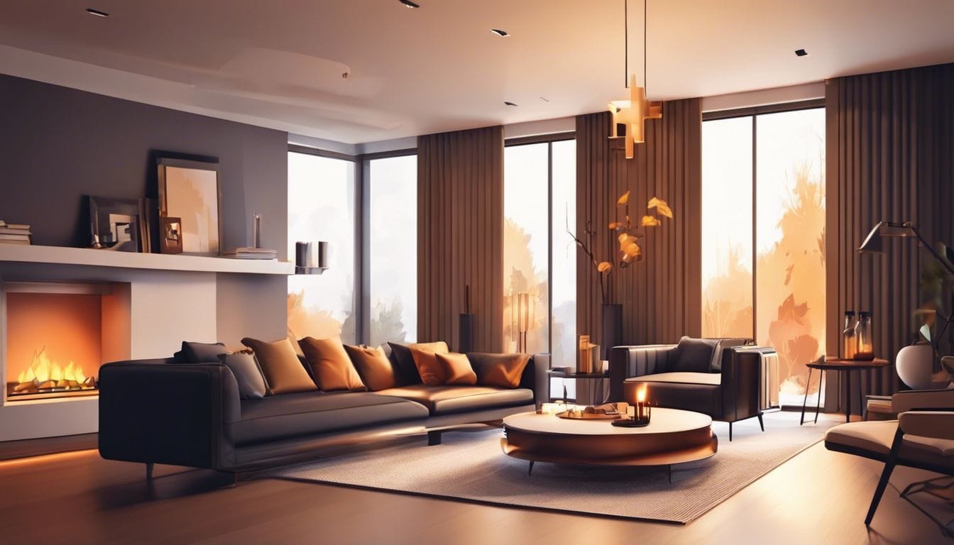 Een comfortabele woonkamer met moderne open haard en stijlvolle accessoires in vlak design.