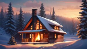 Een gezellige, betaalbare houtkachel in een knusse blokhut, omringd door besneeuwde dennenbomen.